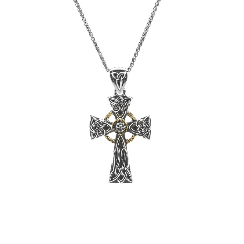 Sterling Silver Oxidized 10k White Sapphire Celtic Cross Small
