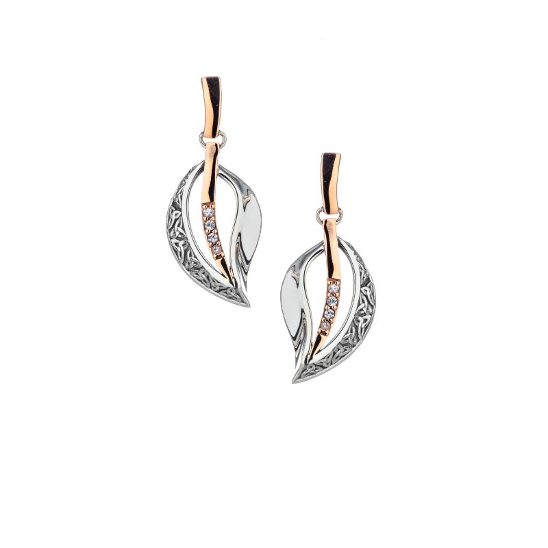 Sterling Silver Oxidized 10k Rose Trinity Leaf with White Sapphire Large earrings