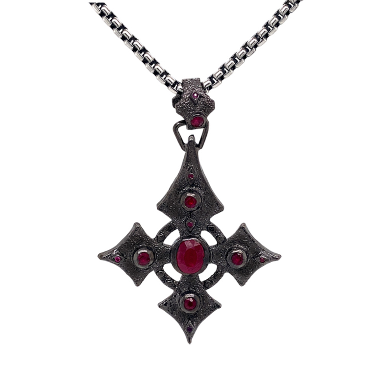 Sterling Silver Large Ruby 2.67ctw Black Rhodium Celtic Cross Pendant