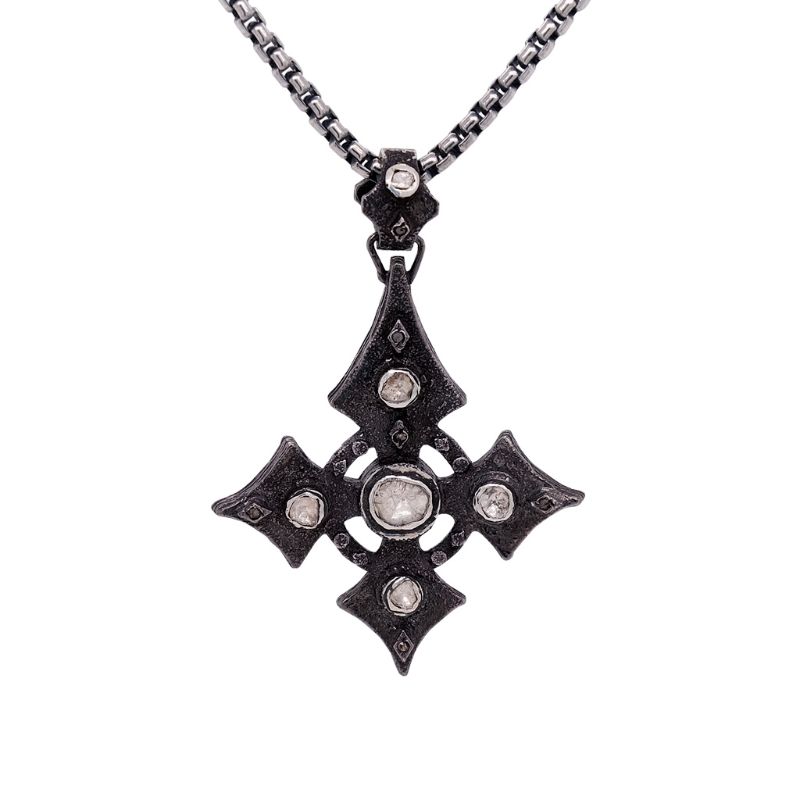 Sterling Silver Large Raw Diamond .70ctw Black Rhodium Celtic Cross Pendant