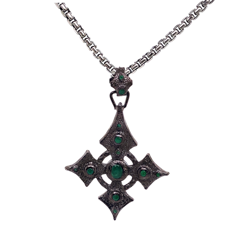 Sterling Silver Medium Emerald .71ctw Black Rhodium Celtic Cross Pendant