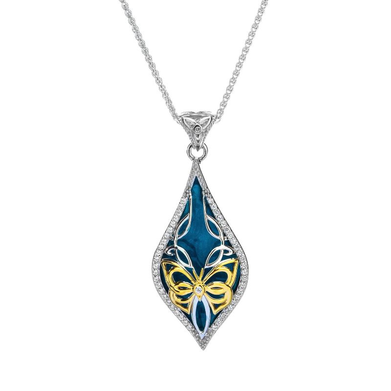 Sterling Silver 10k Sky Blue Enamel and White CZ Cocooned Butterfly Pendant Small