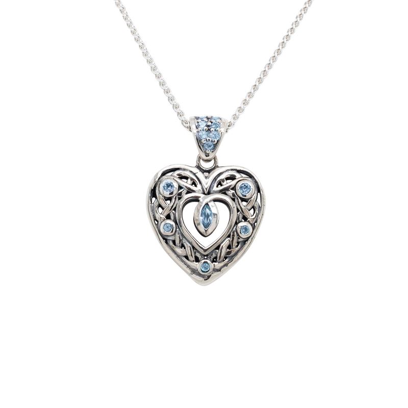 Sterling Silver Double Sided Celtic Open Heart Small Blue Topaz Pendant