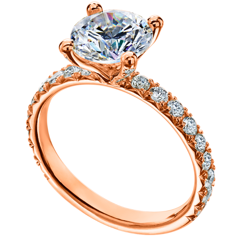 Stunning 18 Karat Rose Gold Engagement Ring Features Venetian Pave Setting