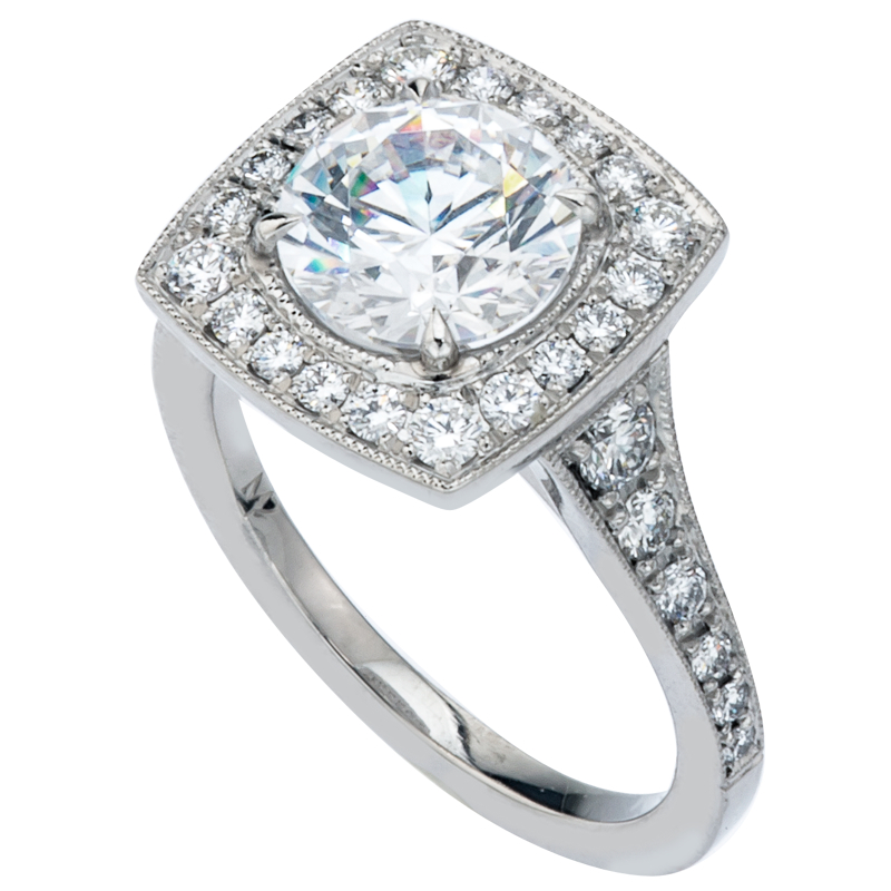 Platinum Bead Set Halo Engagement Ring