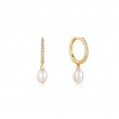 14KT GOLD PEARL DROP AND WHITE SAPPHIRE HUGGIE HOOP EARRINGS