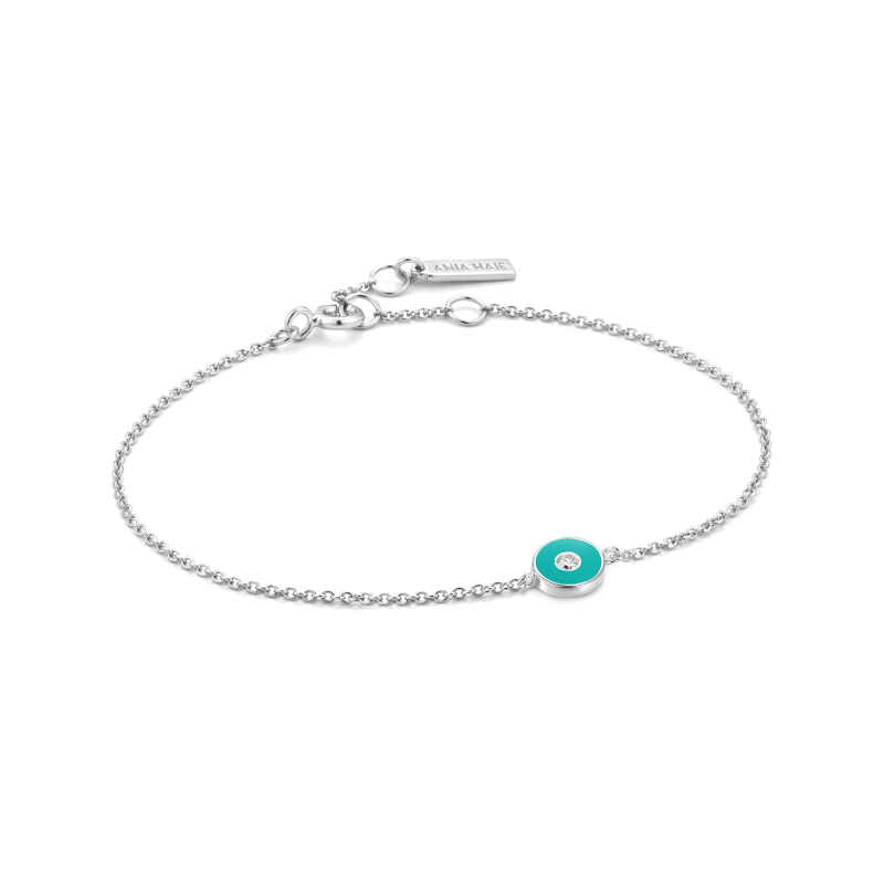 TEAL ENAMEL DISC SILVER BRACELET