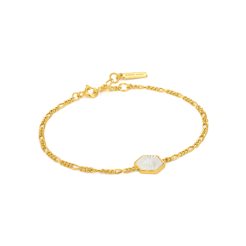 Compass Emblem Gold Figaro Chain Bracelet