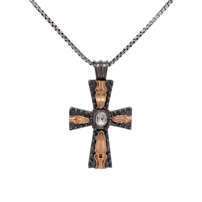 Sterling Silver Bronze Raw Diamond .09ctw Black Rhodium Cross Pendant