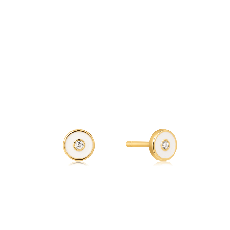 OPTIC WHITE ENAMEL DISC GOLD STUD EARRINGS