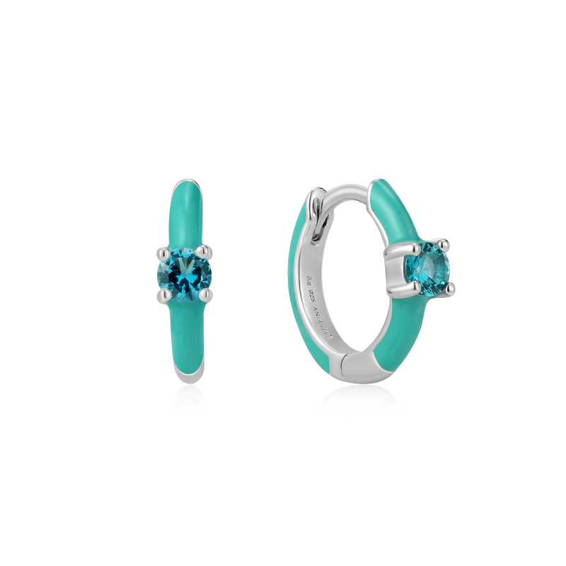 TEAL ENAMEL SILVER HUGGIE HOOP EARRINGS