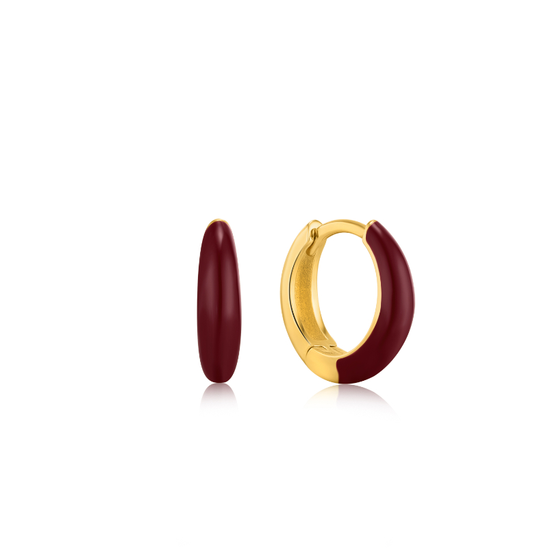 CLARET RED ENAMEL GOLD SLEEK HUGGIE HOOP EARRINGS