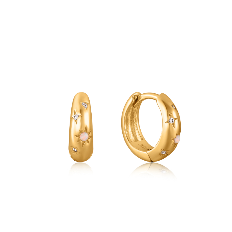 GOLD STARRY KYOTO OPAL HUGGIE HOOP EARRINGS