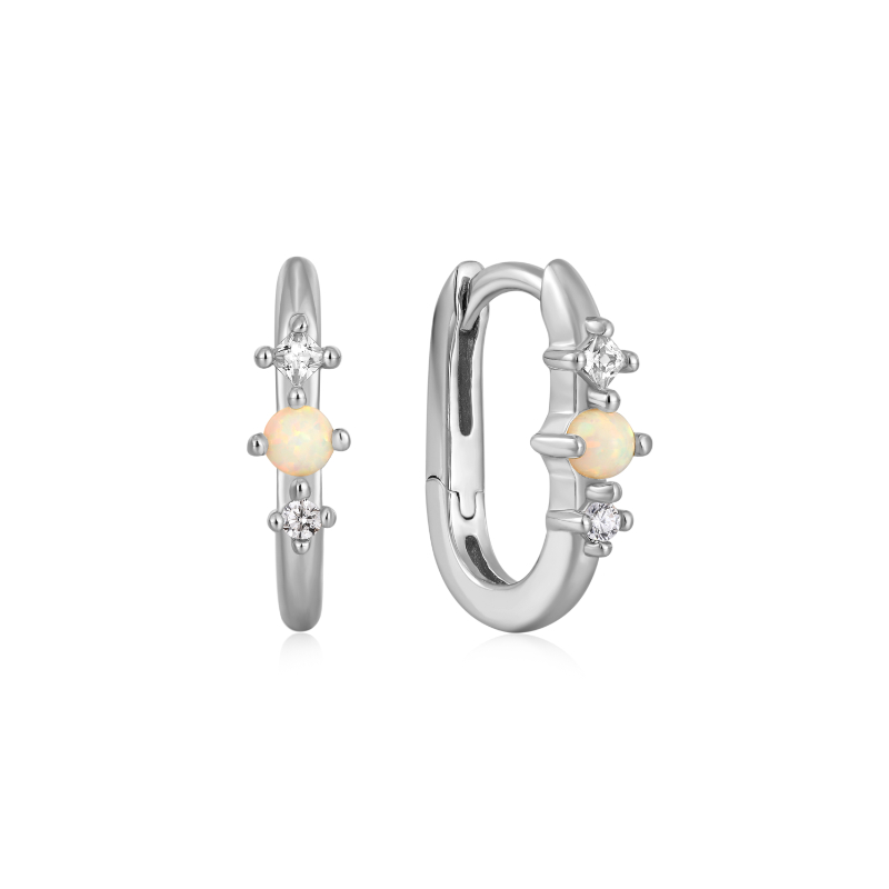 Silver Kyoto Opal Oval Huggie Hoop Earrings