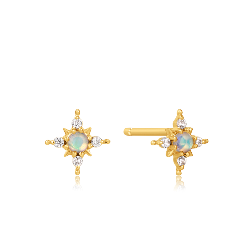 14KT GOLD OPAL AND WHITE SAPPHIRE STAR STUD EARRINGS