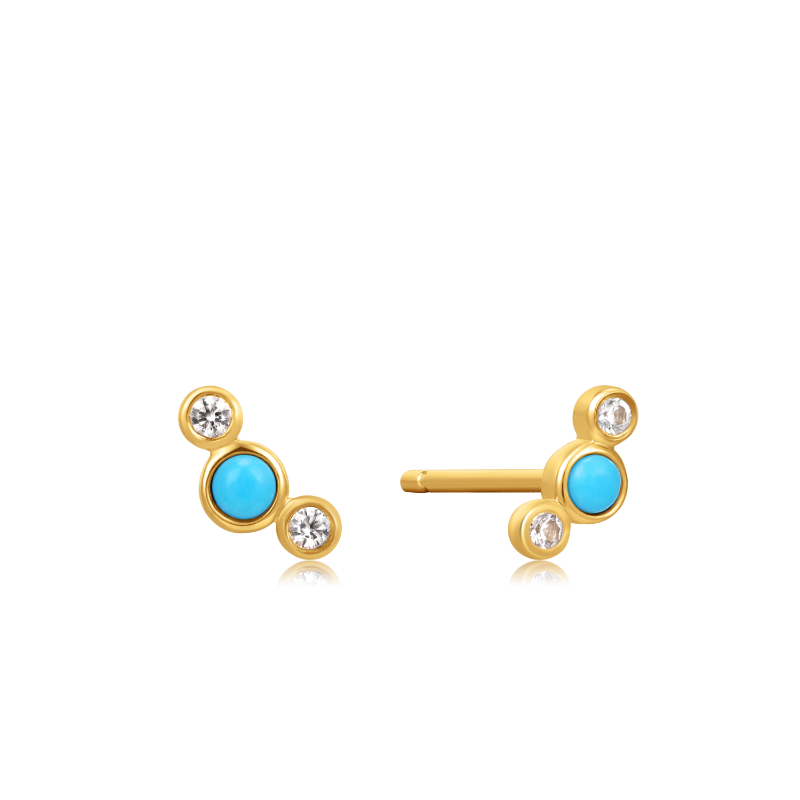 14KT GOLD TURQUOISE CABOCHON AND WHITE SAPPHIRE STUD EARRINGS