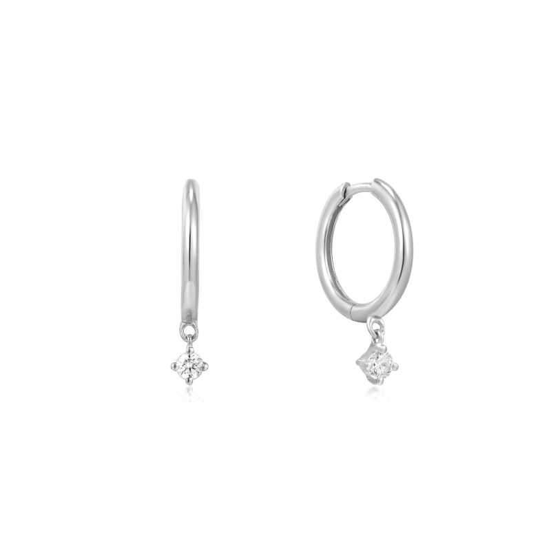 14KT WHITE GOLD NATURAL DIAMOND DROP HUGGIE HOOP EARRINGS