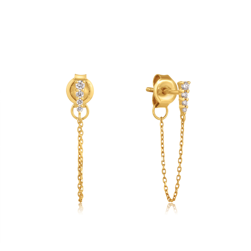 14KT GOLD NATURAL DIAMOND DROP CHAIN STUD EARRINGS