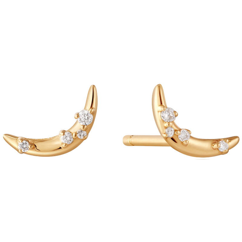 14KT GOLD STARGAZER NATURAL DIAMOND MOON STUD EARRINGS