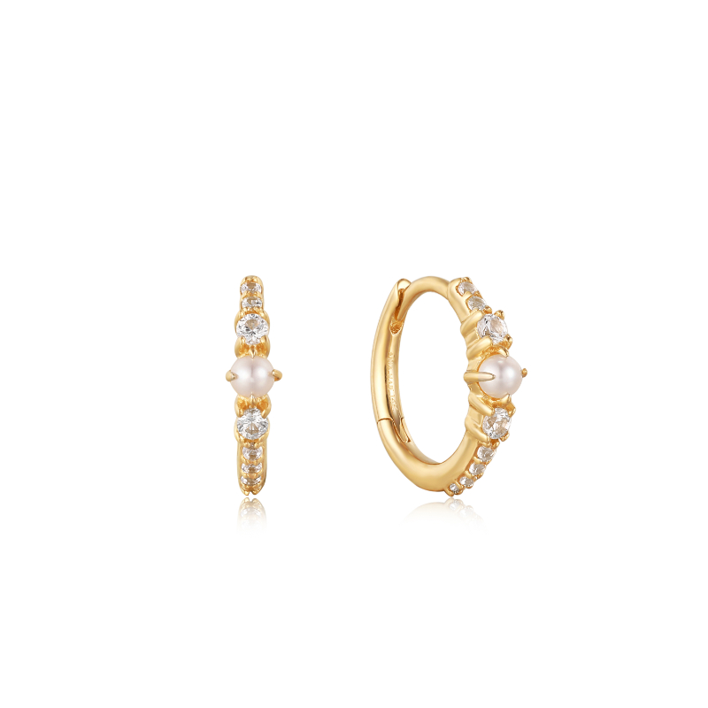 14KT GOLD PEARL AND WHITE SAPPHIRE HUGGIE HOOP EARRINGS