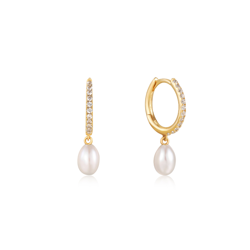 14KT GOLD PEARL DROP AND WHITE SAPPHIRE HUGGIE HOOP EARRINGS