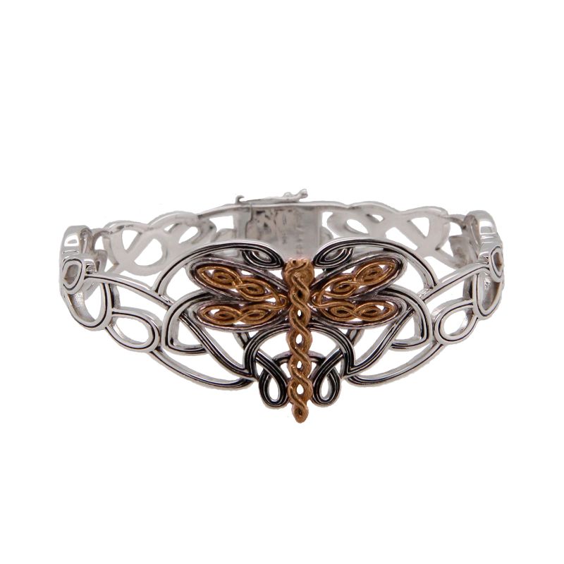 Sterling Silver Oxidized 10k Rose Dragonfly Bangle