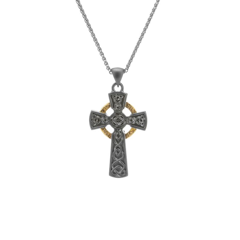 Sterling Silver Ruthenium 10k Circle Cross Small Pendant