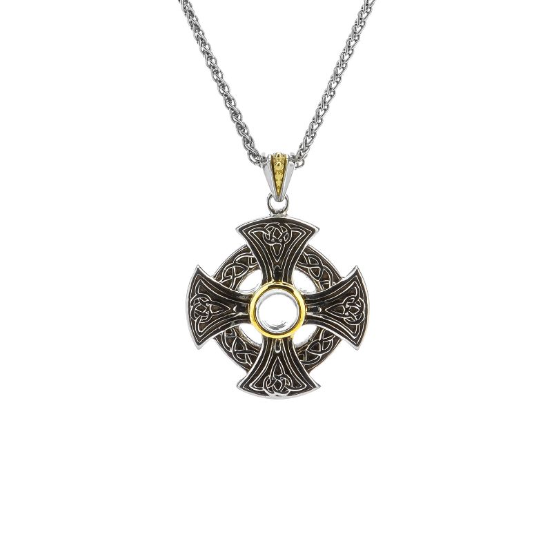 Sterling Silver Oxidized +10k White Topaz Cabachon Wheel Cross