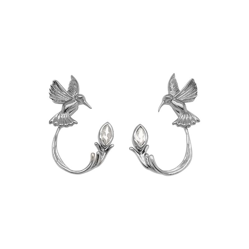 Sterling Silver Rhodium Hummingbird Stud White Topaz Earring Jacket