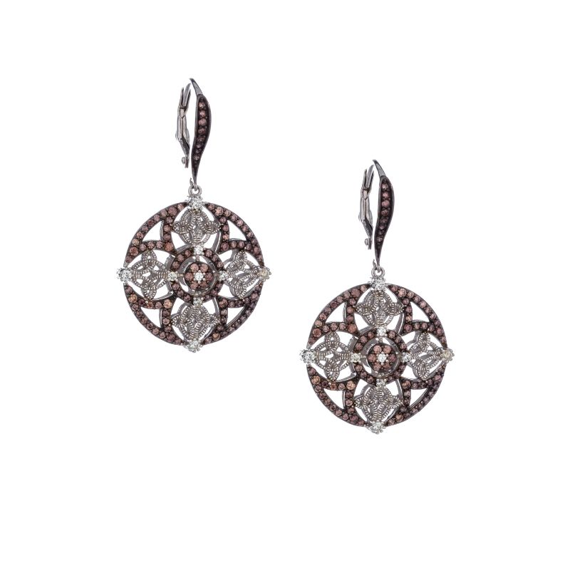 Sterling Silver Rhodium CZ Night & Day Round Leverback Earrings