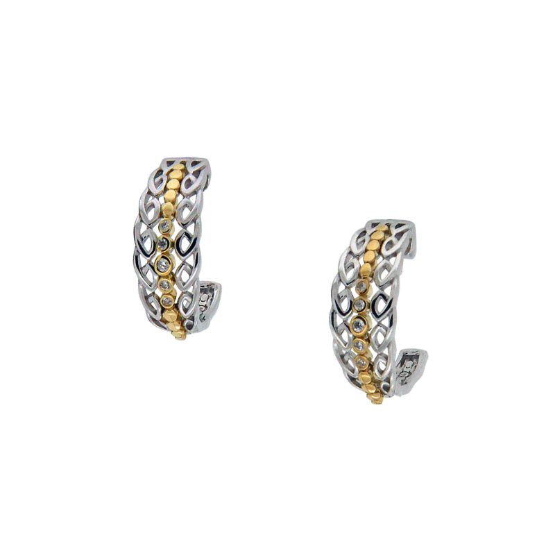 Sterling Silver Rhodium 10k Yellow CZ Half Creole Bridge Earrings