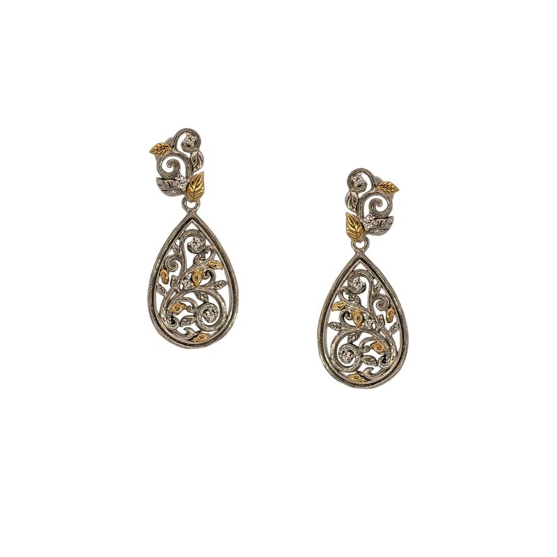 Sterling Silver Oxidized 10k CZ Tree of Life Drop Earrings