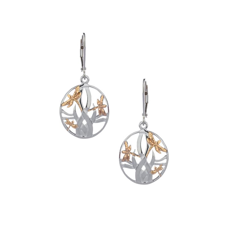 Sterling Silver 10k Dragonfly In Reeds Leverback Earrings