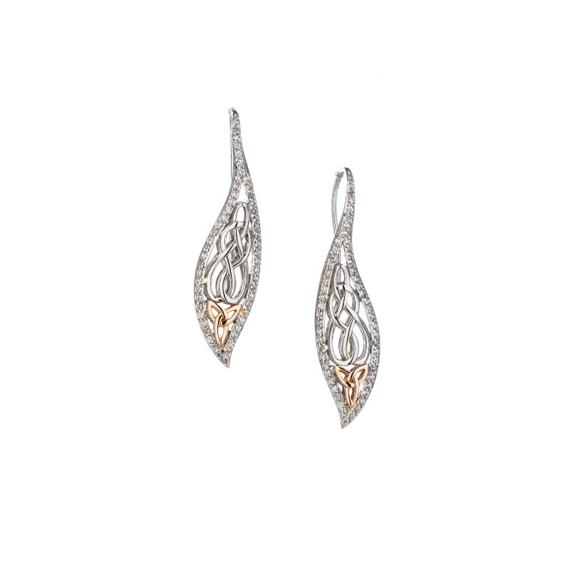 Sterling Silver Rhodium 10k Rose CZ Leaf Hook Earrings