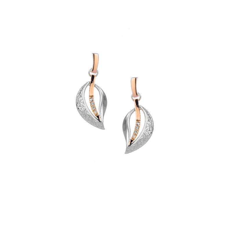 Sterling Silver 10k Rose Trinity Leaf White Sapphire Earrings