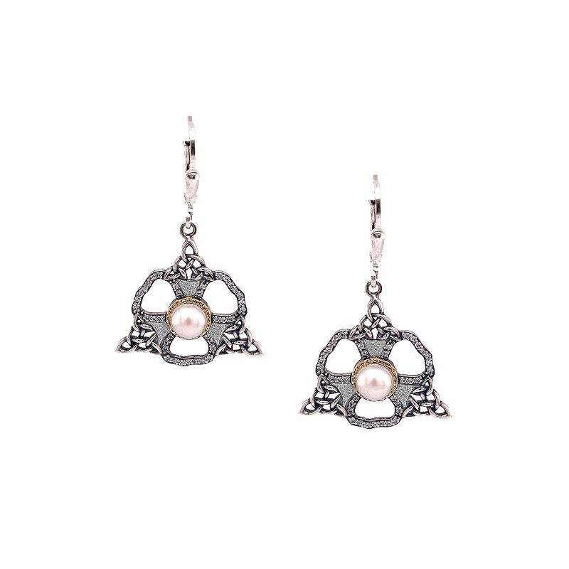 Sterling Silver 10k Fresh Water Pearl & CZ Celestial Leverback Earrings