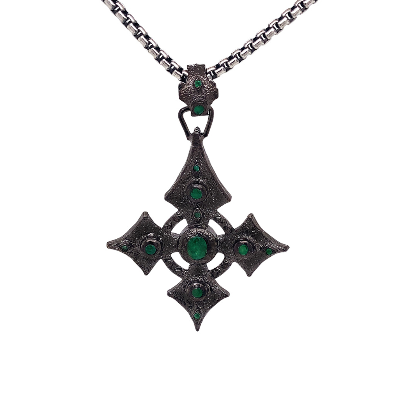 Sterling Silver Large Emerald 1.23ctw Black Rhodium Celtic Cross Pendant