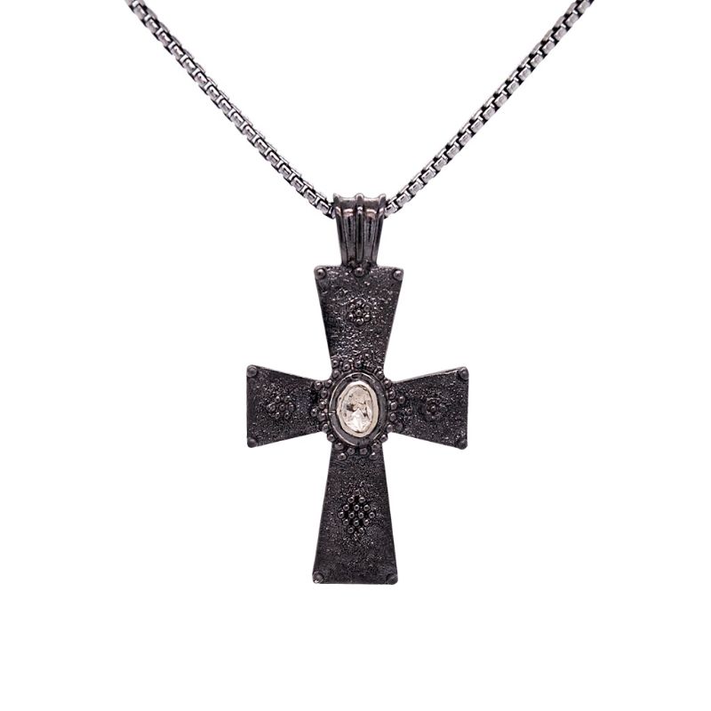 Sterling Silver Raw Diamond .15ctw Black Rhodium Cross Pendant