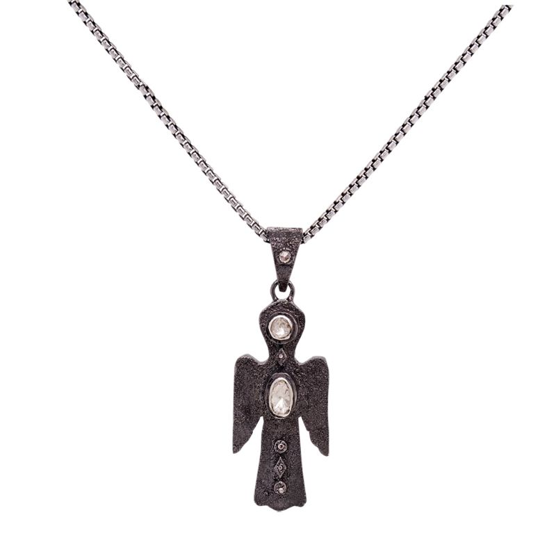 Sterling Silver Raw Diamond .16ctw Black Rhodium Angel Pendant