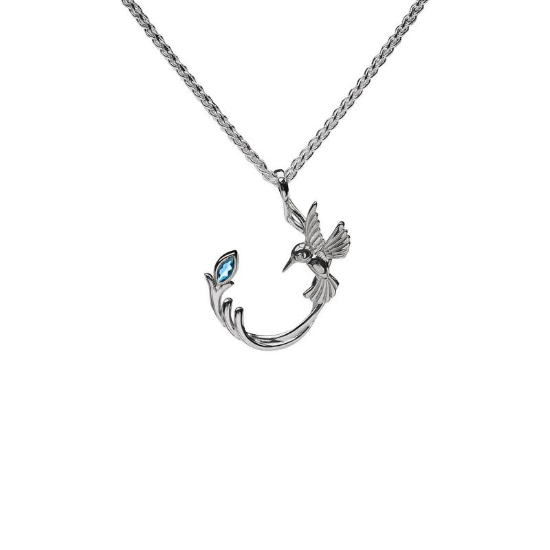 Sterling Silver Rhodium Marquise Blue Topaz Single Hummingbird Small Pendant