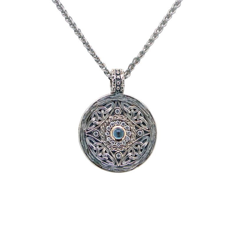 Sterling Silver 10k Sky Blue Topaz & CZ Shield Pendant