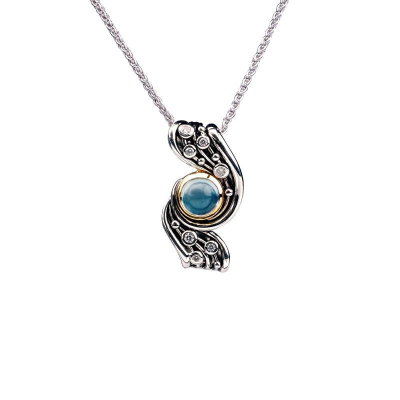 Sterling Silver Rhodium 10k London Blue Topaz & CZ Celestial Pendant