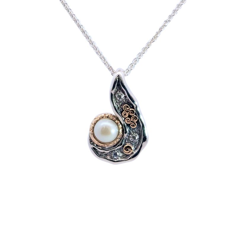 Sterling Silver Oxidized 10k Fresh Water Pearl & CZ Aphrodite Pendant