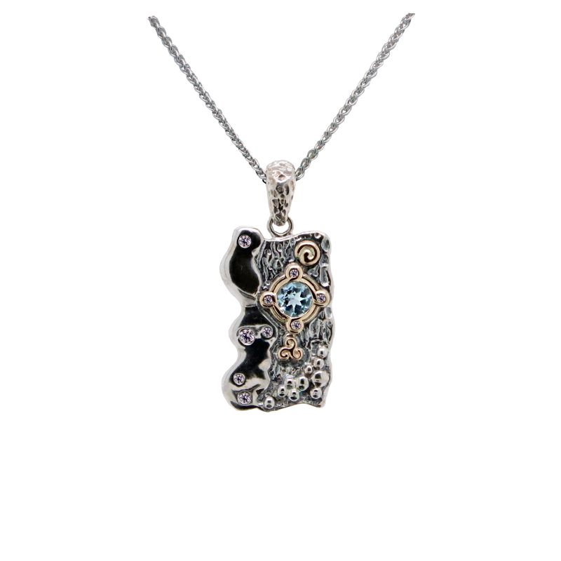 Sterling Silver Oxidized 10k Sky Blue Topaz & CZ Rocks 'n Rivers Pendant..