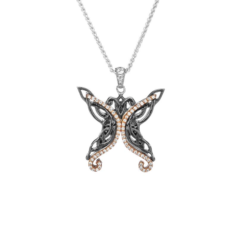 Sterling Silver Ruthenium 10k Rose with White CZ Barked Butterfly Pendant