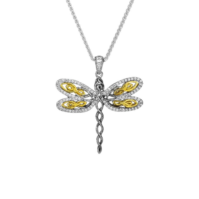 Sterling Silver Rhodium 10k Yellow with White CZ Barked Dragonfly Pendant