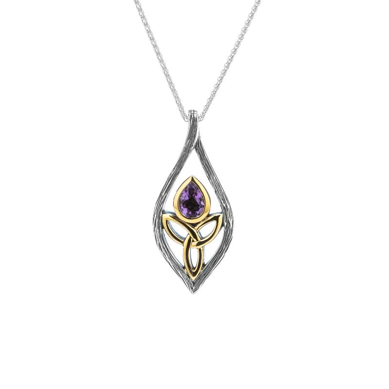 Sterling Silver Oxidized 10k Yellow Trinity Knot Amethyst Petal Pendant