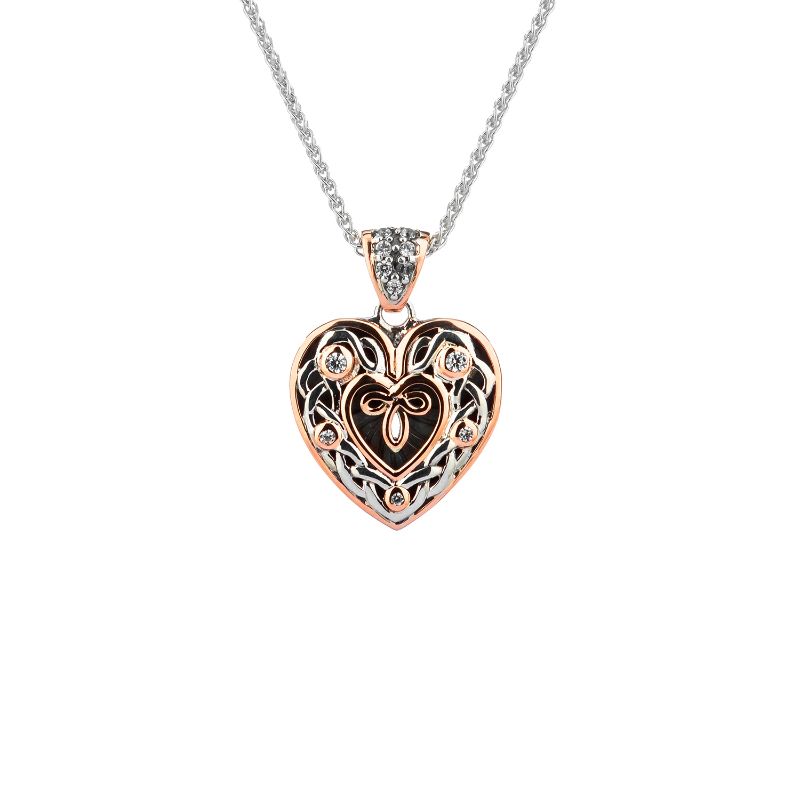 Sterling Silver Oxidized 10k Rose Celtic Heart Small Pendant with CZ's